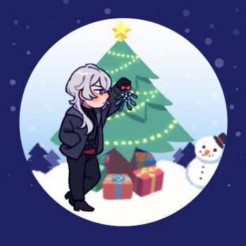 1boy a_date_with_death black_gloves black_shirt casper_(a_date_with_death) chibi chibi_only christmas_lights christmas_tree forest full_body gift gloves grey_jacket hand_in_pocket highres holding holding_mistletoe jacket jellyfish_cut male_focus mistletoe muscular muscular_male narrowed_eyes nature official_art promotional_art shirt short_hair sleeveless sleeveless_shirt snowman solo standing star_(symbol) tree variant_set white_hair
