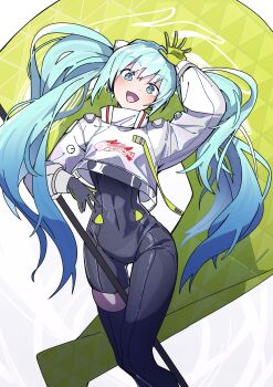 1girl :d absurdres arm_up banner black_bodysuit black_gloves blue_eyes blue_hair bodysuit floating_hair gloves goodsmile_company goodsmile_racing green_gloves hair_between_eyes hanten_(hantennano) hatsune_miku highres jacket long_hair long_sleeves looking_at_viewer open_mouth race_queen racing_miku racing_miku_(2022) smile solo thigh_gap twintails two-tone_gloves very_long_hair vocaloid white_jacket
