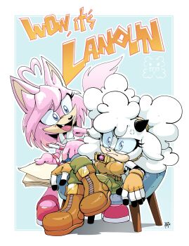 2girls absurdres adam_bryce_thomas ahoge anger_vein animal_ears annoyed artist_logo bell blue_background blue_eyes boots border brown_footwear brown_gloves brown_shirt chair character_name cowbell crossed_legs english_text fingerless_gloves furry furry_female gloves green_pants heart heart_ahoge highres holding holding_paper holding_pen horns lanolin_the_sheep logo multiple_girls open_mouth pants paper pen pink_hair pink_shoes sheep_ears shirt shoes simple_background single_horn sitting sleeveless sonic_(series) sonic_the_hedgehog_(idw) tail white_border white_hair wolf_ears wolf_tail