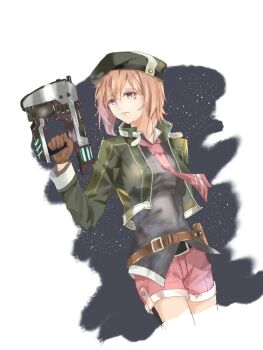 1girl ao_no_kiseki belt_pouch beret bob_cut brown_gloves brown_hair cropped_jacket double-parted_bangs eiyuu_densetsu floating_neckwear gloves green_hat gun hair_between_eyes hat highres holding holding_gun holding_weapon long_sleeves necktie noel_seeker pouch purple_eyes red_necktie short_hair shorts simple_background solo upper_body weapon yingkongji1 zero_no_kiseki
