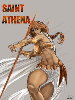 1girl absurdres artskiddy69 bangle bracelet brown_hair character_name earrings effie_(shadow_slave) green_eyes highres holding holding_polearm holding_weapon jewelry looking_to_the_side muscular muscular_female pelvic_curtain polearm ponytail revealing_clothes serious shadow_slave solo spear tunic weapon white_tunic