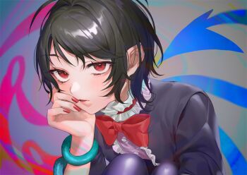 1girl arm_support asymmetrical_wings black_dress black_hair blue_wings blush bored bow bowtie center_frills commentary_request dress expressionless frills hand_on_own_cheek hand_on_own_face head_rest houjuu_nue knees_to_chest knees_up leaning_forward looking_at_viewer makita_(vector1525) medium_hair nail_polish red_bow red_bowtie red_eyes red_nails red_wings short_hair snake snake_wrapped_around_arm solo teeth touhou upper_teeth_only wings