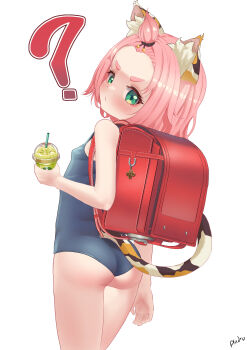 1girl ? absurdres andro_gs animal_ears annoyed ass backpack bag blush cat_ears cat_girl cat_tail diona_(genshin_impact) from_behind genshin_impact green_eyes highres legs loli looking_at_viewer looking_back medium_hair mihoyo one-piece_swimsuit randoseru school_swimsuit solo standing swimsuit tail thighs white_background