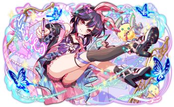 1girl 2others animal_ears ankle_boots ankle_socks artist_request bare_shoulders bed black_bow black_coat black_collar black_hair blue_butterfly blush boots bow brown_eyes brown_thighhighs buckle bug butterfly cel_shading character_drawing_themselves clipboard closed_eyes closed_mouth coat collar crash_fever crescent detached_collar drawing_(object) eyelashes fake_animal_ears freud_(crash_fever) frills full_body game_cg hair_bow hair_ornament hairclip heart heart_print high_heel_boots high_heels holding holding_clipboard holding_pen horns insect lace lace-trimmed_socks lace-trimmed_thighhighs lace_trim lanyard light_particles lingerie long_sidelocks long_sleeves looking_at_viewer mechanical_horns multicolored_hair multiple_others navel necktie number_print numbered official_art outline pen pillow pink_bow pink_necktie pink_shorts plaid_bow plaid_clothes plaid_necktie purple_bow purple_hair purple_straps rabbit_ears red_necktie red_outline see-through_clothes see-through_shorts shoe_soles short_hair shorts sidelocks single_thighhigh snap-fit_buckle socks solo_focus sparkle square square_print streaked_hair striped_clothes striped_thighhighs tachi-e teeth text_print thigh_strap thighhighs third-party_source transparent_background underwear vertical-striped_clothes vertical-striped_thighhighs white_footwear wide_sleeves writing