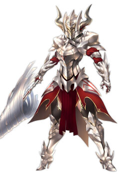 1girl aged_up alternate_costume armor armored_boots black_thighhighs blonde_hair boots breastplate commentary_request fake_horns fate/grand_order fate_(series) full_armor full_body gauntlets green_eyes hair_ornament hair_scrunchie helmet holding holding_weapon horned_helmet horns knee_boots lance light_smile long_hair looking_at_viewer messy_hair mordred_(fate) mordred_(fate/apocrypha) nasaniliu pauldrons polearm ponytail rhongomyniad_(fate) scrunchie secret_of_pedigree_(fate) shoulder_armor simple_background thighhighs warrior weapon white_background