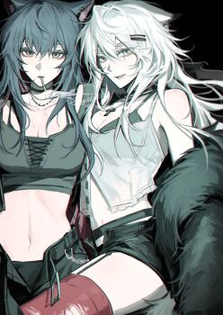 Rule 34 | 2girls, absurdres, animal ears, ara 200117, arknights, black background, black bra, black garter straps, black hair, black pants, black shorts, black tank top, bra, breasts, camisole, cleavage, commentary, cross, cross necklace, garter straps, grey camisole, highres, jewelry, lappland (arknights), large breasts, long hair, looking at viewer, medium breasts, midriff, multiple girls, navel, necklace, pants, red thighhighs, scar, scar across eye, scar on face, shorts, smoking, tank top, texas (arknights), thighhighs, thighs, underwear, untranslatable commentary, very long hair, white hair, wolf ears, wolf girl