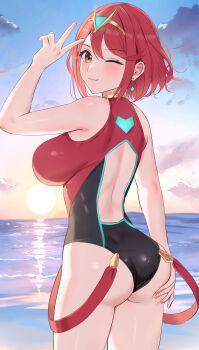 1girl absurdres amayo_thranana ass breasts cloud cowboy_shot day from_behind highres large_breasts looking_at_viewer looking_back ocean one-piece_swimsuit one_eye_closed outdoors pyra_(pro_swimmer)_(xenoblade) pyra_(xenoblade) red_eyes red_hair red_one-piece_swimsuit short_hair sky solo sunset suspenders swimsuit tiara v water xenoblade_chronicles_(series) xenoblade_chronicles_2