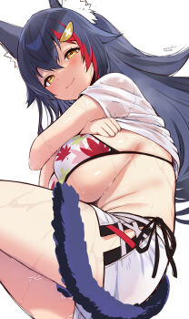 1girl animal_ear_fluff animal_ears bikini black_hair breasts cleavage closed_mouth floral_print floral_print_bikini hair_ornament hairpin highres hololive kanya_pyi large_breasts looking_at_viewer multicolored_hair official_alternate_costume ookami_mio ookami_mio_(hololive_summer_2019) print_bikini red_hair shirt shorts sideboob smile solo streaked_hair swimsuit tail virtual_youtuber white_bikini white_shirt white_shorts wolf_ears wolf_girl wolf_tail yellow_eyes