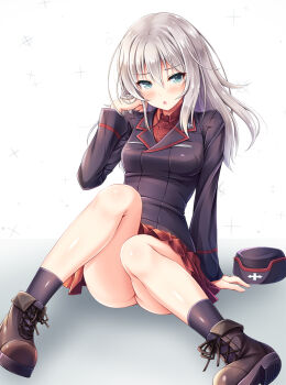 Rule 34 | 10s, 1girl, akashio (loli ace), blue eyes, boots, breasts, brown boots, commentary request, female focus, girls und panzer, hair between eyes, hat, highres, itsumi erika, kuromorimine military uniform, lace-up boots, long hair, long sleeves, looking at viewer, medium breasts, military, military uniform, miniskirt, no panties, pleated skirt, red skirt, silver hair, sitting, skirt, socks, solo, wing collar