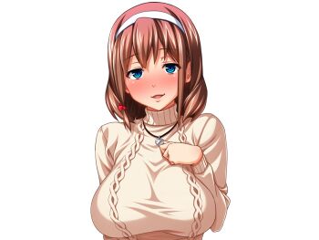 Rule 34 | 1girl, aran sweater, arm behind back, blue eyes, blush, breasts, cable knit, full-face blush, hair between eyes, hairband, half-closed eyes, hand on own chest, head tilt, heart, heart necklace, hinomoto koharu, jewelry, kedamono-tachi no sumu ie de, large breasts, long sleeves, medium hair, naughty face, necklace, open mouth, seductive smile, sidelocks, simple background, smile, smirk, sweater, takeda hiromitsu, transparent background, turtleneck, turtleneck sweater, upper body, white hairband