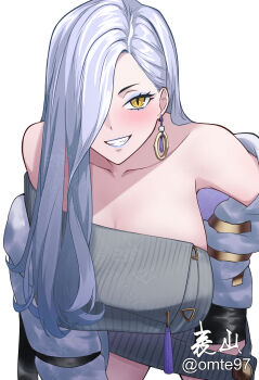 1girl absurdres bare_shoulders blue_lips blush breasts cleavage commentary_request dress eyeliner fate/grand_order fate_(series) grey_dress grey_hair grin hair_over_one_eye highres jacket large_breasts leaning_forward long_hair long_sleeves looking_at_viewer makeup mrs._snake_(fate) off_shoulder omte97 ribbed_dress smile solo sweater sweater_dress white_jacket yellow_eyes