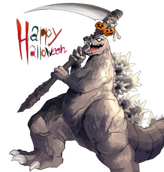 bone claws english_text evil_smile giant giant_monster godzilla godzilla,_mothra_and_king_ghidorah:_giant_monsters_all-out_attack godzilla_(series) halloween happy_halloween jack-o'-lantern kaiju looking_at_viewer monster no_humans no_pupils open_mouth possessed possession pumpkin scythe sharp_teeth simple_background smile spikes tail teeth toho tongue tsk03 weapon white_background white_eyes
