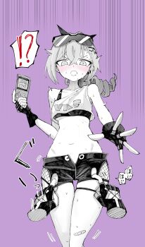 !? 1girl 6sakuu absurdres blush clothes_pull gloves highres honkai:_star_rail honkai_(series) midriff navel short_shorts shorts silver_wolf_(honkai:_star_rail) tagme