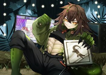 1girl absurdres beri_(beribug) black_nails black_pants black_shirt chadraws_art clenched_hand closed_mouth colored_sclera commentary computer computer_tower cracked_screen crocodile_girl crocodilian_tail english_commentary green_scales green_streaks highres indie_virtual_youtuber kairyu_crocodile long_hair looking_at_viewer monitor multicolored_hair nail_polish outdoors pants pointy_ears red_eyes shirt smile solo streaked_hair tail virtual_youtuber yellow_sclera