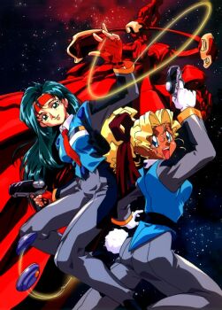 1990s_(style) 2girls aqua_eyes aqua_hair arm_up blonde_hair blue_eyes dark-skinned_female dark_skin fingerless_gloves gloves gun handgun headband high_ponytail kuramitsu_mihoshi long_hair long_sleeves makibi_kiyone multiple_girls necktie non-web_source official_art open_mouth pointy_ears ponytail red_gloves red_headband red_necktie retro_artstyle smile space spacecraft teeth tenchi_muyou! tenchi_muyou!_uchuu_hen upper_teeth_only weapon white_gloves wire