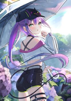 1girl :o ammo21204760 ass asymmetrical_legwear barbell_piercing bare_shoulders baseball_cap bibi_(tokoyami_towa) black_choker black_shorts blurry blush choker clothing_cutout cowboy_shot crop_top cropped_jacket demon_girl demon_tail ear_piercing fake_horns fishnet_thighhighs fishnets floating_hair flower from_behind green_eyes hair_ornament hairclip hat holding holding_umbrella hololive horned_headwear horns hydrangea industrial_piercing jacket legwear_garter long_hair long_sleeves looking_at_viewer looking_back midriff mixed-language_commentary multicolored_hair multicolored_nails multiple_piercings nail_polish off_shoulder open_mouth outdoors parted_lips piercing pink_hair pointy_ears purple_flower purple_hair purple_nails rain revision short_shorts shorts sidelocks signature single_thighhigh solo standing streaked_hair tail tail_ornament tail_piercing tail_through_clothes thigh_strap thighhighs tokoyami_towa tokoyami_towa_(1st_costume) transparent transparent_umbrella twintails umbrella very_long_hair virtual_youtuber white_jacket yellow_nails