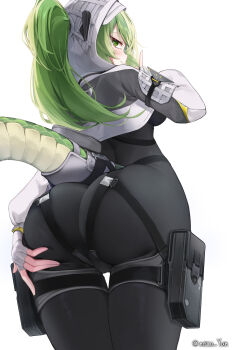 1girl arknights arknights:_endfield ass black_bodysuit bodysuit breasts commentary_request fingerless_gloves fluorite_(arknights) from_behind gloves green_eyes green_hair hair_through_hood highres hood hooded_shrug impossible_bodysuit impossible_clothes long_hair looking_at_viewer medium_breasts ponytail shrug_(clothing) snake_girl snake_tail solo tail white_background white_shrug yeosi