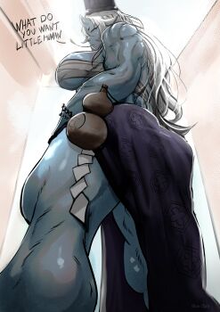 1girl absurdres ass back back_focus back_muscles bead_bracelet beads blue_horns blue_ogre blue_oni blue_skin bracelet breasts ceiling chest_sarashi colored_skin curvy deltoids from_below fujimura_teruyo_(blue_ogre) gourd highres horns huge_ass japanese_clothes jewelry large_breasts long_hair looking_down muscular muscular_female oni original sarashi shredded_muscles skin-covered_horns skirt solo standing tall_female thick_thighs thighs triceps upskirt warrior white_hair
