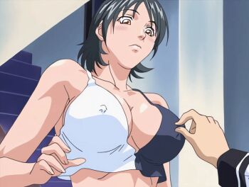 00s 1boy 1girl 2001 angry animated animated_gif bible_black bible_black_night_of_the_walpulgiss black_hair blush breasts breasts_squeezed_together brother_and_sister brown_eyes cleavage clenched_teeth closed_eyes collarbone covered_erect_nipples crop_top embarrassed flustered grabbing_another&#039;s_breast groping hetero large_breasts midriff minase_taki minase_yukiko navel nipple_stimulation nipple_tweak no_bra older_sister_and_younger_brother shirt short_hair siblings stairs tagme teeth two-tone_shirt upper_teeth_only white_shirt