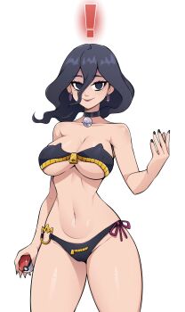 ! 1girl alternate_breast_size_(larger) bikini black_bikini black_choker black_eyes black_hair black_nails breasts choker closed_mouth commentary commission cowboy_shot double-parted_bangs earrings english_commentary fingernails floating_hair hair_between_eyes hex_maniac_(pokemon) hex_maniac_(pokemon_legends:_z-a) highres holding holding_poke_ball jewelry large_breasts lipstick long_hair_between_eyes looking_at_viewer makeup medium_hair nail_polish navel nintendo oninuer poke_ball poke_ball_(basic) pokemon pokemon_legends:_z-a purple_lips side-tie_bikini_bottom simple_background smile solo stomach swimsuit wavy_hair white_background