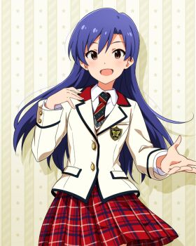 1girl blazer blue_hair brown_eyes collared_shirt commentary_request cowboy_shot game_cg high_schoolmate_(idolmaster) idolmaster idolmaster_(classic) idolmaster_million_live! idolmaster_million_live!_theater_days jacket kisaragi_chihaya lapels long_hair long_sleeves looking_at_viewer multicolored_necktie necktie notched_lapels official_alternate_costume official_art open_mouth plaid_clothes plaid_skirt pleated_skirt red_skirt school_uniform shirt skirt smile solo standing striped_clothes striped_necktie third-party_source white_jacket white_shirt