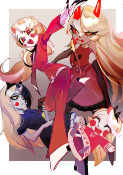 4girls :d ^_^ absurdres aged_down angry ankle_boots bags_under_eyes bare_shoulders black_boots black_bow black_bowtie black_dress black_gloves black_hairband black_tiara blonde_hair boots border bow bowtie breasts brown_background buttons charlie_morningstar child circle_facial_mark closed_eyes closed_mouth collared_dress colored_sclera colored_skin commentary_request demon_girl demon_horns double-breasted dress elbow_gloves facial_mark fake_horns fang fangs frilled_dress frills from_above from_below frown full_body gloves grey_shoes hair_down hair_over_one_eye hair_tie hairband happy hazbin_hotel heart hellaverse high_heel_boots high_heels highres holding holding_phone horn_hairband horns jacket lace-trimmed_sleeves lace_trim long_hair looking_at_phone low-tied_long_hair medium_dress mimiiri multicolored_hair multiple_girls multiple_persona musical_staff musical_staff_print official_alternate_costume official_alternate_hairstyle one_eye_covered open_mouth outside_border outstretched_arms pants phone puffy_short_sleeves puffy_sleeves red_dress red_eyes red_horns red_jacket red_pants red_sclera scar_across_eyes shirt shoes short_sleeves simple_background sleeveless sleeveless_dress small_breasts smile standing standing_on_one_leg streaked_hair swept_bangs teeth tiara tongue traditional_bowtie two-tone_hair upper_teeth_only v-shaped_eyebrows very_long_hair white_boots white_border white_shirt white_skin yellow_eyes yellow_sclera