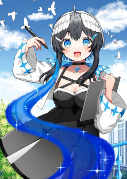 1girl :d animal bird black_choker black_dress black_hair blue_eyes blue_hair blue_sky breasts choker cleavage cloud commentary_request cropped_jacket day drawing_tablet dress feathered_wings hair_ornament hairclip head_wings highres holding holding_stylus indie_virtual_youtuber jacket kurata_rine kurata_rine_(vtuber) long_hair long_sleeves medium_breasts multicolored_hair open_clothes open_jacket open_mouth outdoors pleated_dress sky smile solo stylus two-tone_hair virtual_youtuber white_jacket white_wings wide_sleeves wings
