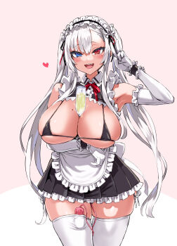 1girl :d apron arm_under_breasts arm_up asanagi bikini bikini_top_only black_bikini black_skirt blue_eyes breasts champagne_flute commentary_request cup curvy drinking_glass elbow_gloves fang frilled_apron frilled_skirt frills gloves heterochromia highres huge_breasts long_hair looking_at_viewer maid maid_apron maid_headdress micro_bikini mole mole_under_eye open_mouth original panties red_eyes red_ribbon remote_control_vibrator ribbon sex_toy simple_background skirt smile solo string_panties swimsuit thick_thighs thighhighs thighs tsurime twintails underwear v very_long_hair vibrator vibrator_cord vibrator_in_thighhighs white_gloves white_hair white_panties white_thighhighs