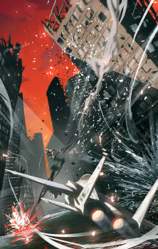 1boy absurdres ace_combat ace_combat_7 aerial_battle afterburner aim-9_sidewinder air-to-air_missile aircraft airplane artist_name battle broken_glass building canopy_(aircraft) chasing city claw_mark commentary contrail debris dogfight english_commentary explosion f-15_eagle farbanti fighter_jet fox glass gun handgun highres holding holding_gun holding_weapon military_vehicle missile motion_blur onigiri_maru_(maruchosu) osean_flag outdoors red_sky revolver roundel ruins sin_lines sky skyscraper smoke solo trigger_(ace_combat) water watermark weapon