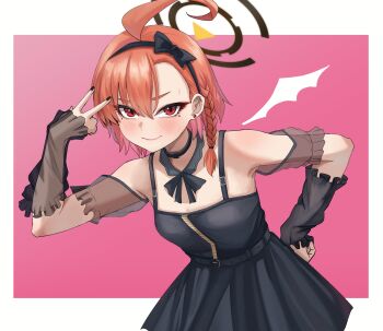 1girl ahoge alternate_costume black_choker black_dress black_hairband black_halo blue_archive braid breasts choker commentary_request detached_sleeves dress hairband halo highres huge_ahoge looking_at_viewer mole mole_under_each_eye mole_under_eye multiple_moles neru_(blue_archive) orange_hair red_eyes short_hair single_braid small_breasts smile solo taeman