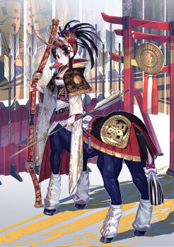 1girl animal_ears arrow_(projectile) black_capelet black_hair bow bow_(weapon) capelet carrot centaur chest_harness chinese_zodiac commentary_request fake_horns food_in_mouth full_body hair_between_eyes hair_ornament hair_stick harness highres holding holding_arrow holding_bow_(weapon) holding_weapon hooves horns horse_ears horse_tail japanese_clothes kimono long_hair long_sleeves looking_at_viewer loose_socks monster_girl multicolored_hair multiple_legs new_year obi original ponytail print_kimono red_eyes sash shadow sidelocks socks solo standing tail tail_bow tail_ornament taur textless_version two-tone_hair weapon white_hair white_kimono white_socks wide_sleeves year_of_the_horse zounose
