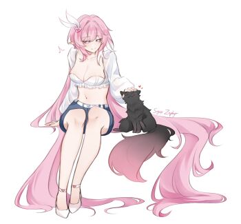1girl alternate_costume anhdungbeo06 artist_name belt black_cat breasts cat cleavage commentary crop_top denim denim_shorts elf elysia_(hi_love_elf)_(honkai_impact) elysia_(honkai_impact) english_commentary hair_ornament headpat high_heels highres honkai_(series) honkai_impact_3rd large_breasts long_hair midriff multicolored_hair navel pink_hair pointy_ears purple_eyes shorts simple_background smile solo two-tone_hair very_long_hair white_background white_belt white_hair
