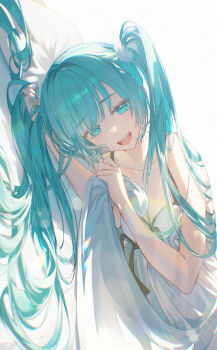 1girl absurdres alternate_costume aqua_eyes aqua_hair aqua_nails backlighting breasts collarbone commentary_request dress hatsune_miku highres long_hair looking_at_viewer lying nail_polish nightgown nun_nu on_side open_mouth sideways small_breasts solo teeth twintails upper_body upper_teeth_only vocaloid white_dress