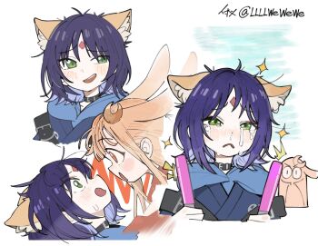 Rule 34 | 2girls, ^^^, animal ear fluff, animal ears, black choker, blonde hair, blue hoodie, cho kaguya-hime!, choker, crescent, crescent hair ornament, crying, crying with eyes open, face-to-face, forehead jewel, fox ears, glowstick, green eyes, hair ornament, hashtag-only commentary, highres, holding, holding glowstick, hood, hood down, hoodie, kaguya (cho kaguya-hime!), llllwewewe, long hair, looking at another, looking to the side, lop rabbit ears, multiple expressions, multiple girls, multiple views, open mouth, oshi-katsu, otaku, profile, purple hair, rabbit ears, sakayori iroha, short hair, smile, streaming tears, sweatdrop, tears, twitter username, upper body, white background