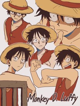 Rule 34 | 1boy, bare arms, bare shoulders, black hair, character name, closed mouth, collarbone, commentary request, facial scar, grey background, hat, highres, korean commentary, male focus, monkey d. luffy, multiple views, one piece, only op2024, open mouth, red vest, scar, scar on cheek, scar on face, short hair, straw hat, upper body, vest