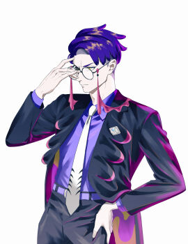 1boy absurdres adjusting_eyewear belt black-framed_eyewear black_coat black_pants closed_mouth coat collared_shirt commentary_request corbeau_(pokemon) glasses hand_up highres long_sleeves male_focus necktie nintendo open_clothes open_coat pants pokemon pokemon_legends:_z-a purple_belt purple_shirt round_eyewear shirt short_hair simple_background solo tenka_(ghuv7584) white_background white_necktie yellow_eyes