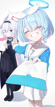 Rule 34 | 2girls, absurdres, arona (blue archive), black choker, black eyes, black hairband, black shoes, blue archive, blue hair, blue halo, blue shirt, bow hairband, braid, choker, closed eyes, closed mouth, colored inner hair, commentary request, envelope, gacha (game mechanic), grin, hair over one eye, hairband, halo, highres, long hair, long sleeves, looking at viewer, matutake 777, multicolored hair, multiple girls, pink hair, plana (blue archive), red halo, sailor collar, shirt, shoes, short hair, single braid, skirt, smile, very long hair, white background, white choker, white hair, white hairband, white skirt