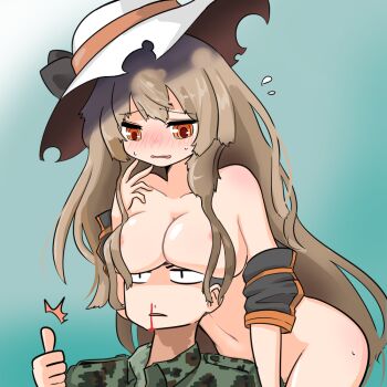 Rule 34 | 1boy, 1girl, commander (girls' frontline), elflorri, girls' frontline, hat, m37 (girls' frontline), nude, thumbs up