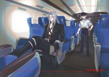 Rule 34 | 2boys, ^^^, belt, black belt, black boots, black coat, black gloves, black pants, black shoes, blonde hair, blue eyes, blue hat, blue pants, book, boots, bracer, brown belt, clenched hand, cloud strife, coat, collared shirt, commentary request, crossed legs, final fantasy, final fantasy vii, full body, gloves, green eyes, grey hair, hat, highres, holding, holding book, indoors, japan railways, knee boots, long bangs, long hair, looking at another, looking outside, male focus, minaminooyama, multiple boys, no armor, open clothes, open coat, open mouth, pants, parted bangs, peaked cap, sephiroth, shirt, shoes, short hair, short sleeves, sitting, smile, standing, surprised, sweatdrop, train interior, white gloves, white shirt, window