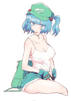 1girl adjusting_belt backpack bad_id bad_pixiv_id bag belt blue_eyes blue_hair blunt_bangs blush breasts cleavage closed_mouth collarbone covered_erect_nipples cropped_legs denim denim_shorts expressionless fingerless_gloves gloves green_hat hair_bobbles hair_ornament hat highres jewelry kawashiro_nitori key key_necklace looking_at_viewer lowleg lowleg_shorts medium_breasts necklace non_(z-art) short_twintails shorts simple_background sitting solo tank_top thighs touhou twintails white_tank_top