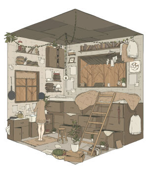 1girl alarm_clock awning bare_tree barefoot bed black_hair blanket bob_cut book brown_theme cabinet clock commentary_request diorama faucet forest from_behind frying_pan hanging_light highres kettle ladder lamp long_sleeves ma_(mamamauuuuu) messy_room monochrome nature original picture_frame pillow plant potted_plant shelf shirt short_hair short_shorts shorts sink slice_of_life socks solo standing sweater tissue_box tree unworn_shirt unworn_socks unworn_sweater wide_shot window wooden_stool