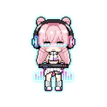 1girl animated animated_png artist_request asymmetrical_skirt blue-framed_eyewear blush boots bouncing crop_top dj double_bun hair_between_eyes hair_bun headphones high_collar knee_boots long_hair looking_at_viewer lowres midriff mixing_console navel official_art outline pink_hair punishing:_gray_raven purple_eyes shirt sidelocks skirt sleeveless sleeveless_shirt solo standing straight-on teddy:_spectre_(pgr) teddy_(pgr) thigh_strap white_boots white_skirt