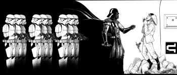 2boys 6+others absurdres arm_at_side armor blaster_(star_wars) boots cloak commentary corpse darth_vader energy_sword english_commentary force_(star_wars) force_choking full_armor galactic_empire_(star_wars) greyscale hand_up helmet highres holding holding_weapon jacket lightsaber monochrome multiple_boys multiple_others open_clothes open_jacket pants peril rebel_alliance_(star_wars) rio_skywalker sith star_wars stormtrooper strangling sword weapon