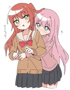 2girls :o black_skirt blue_eyes blush bocchi_the_rock! bow bowtie brown_sweater closed_mouth cropped_legs dot_nose gotoh_hitori green_eyes haru_(konomi_150) highres hug hug_from_behind jacket kita_ikuyo long_hair long_sleeves multiple_girls one_side_up open_mouth pink_hair pink_jacket pleated_skirt red_bow red_bowtie red_hair sailor_collar school_uniform serafuku shuka_high_school_uniform simple_background skirt sweater track_jacket translated white_background white_sailor_collar yuri
