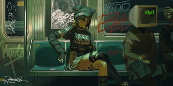 1girl 2boys absurdres artist_name black_hair black_thighhighs blonde_hair choker commentary dated drakhend66 english_commentary feet_out_of_frame hat highres idolmaster idolmaster_shiny_colors ikaruga_luca indoors looking_at_viewer medium_hair metro multicolored_hair multiple_boys shirt single_thighhigh streaked_hair thighhighs yellow_eyes