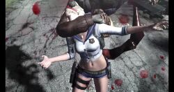 1girl 3d absurdres animated ass belt blonde_hair blood blue_sailor_collar bouncing_breasts breasts capcom death gun hairband highres holster lifting_person medium_breasts midriff open_mouth resident_evil resident_evil_6 ryona sailor_collar school_uniform sherry_birkin short_hair short_shorts shorts sound tagme thigh_holster video weapon