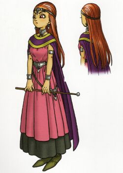 Rule 34 | 1girl, absurdres, armlet, belt, black trim, bracelet, cape, character request, choker, circlet, dragon quest, dragon quest viii, dress, earrings, full body, gold trim, hair slicked back, highres, holding, holding wand, jewelry, long hair, multiple views, official art, orange hair, pink dress, purple cape, red eyes, reference sheet, scan, scan artifacts, silver armlet, silver choker, silver circlet, solo, third-party source, toriyama akira, wand, white background