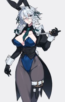 1girl adapted_costume animal_ears between_breasts black_gloves black_pantyhose blue_eyes blue_leotard bow braid breasts commentary_request fake_animal_ears gloves green_necktie grey_background hair_bow hair_intakes hand_up highres himadera holding holding_knife izayoi_sakuya knife large_breasts leotard looking_at_viewer maid_headdress necktie necktie_between_breasts one_eye_closed pantyhose parted_lips playboy_bunny rabbit_ears sheath sheathed short_necktie simple_background smile solo thigh_sheath touhou twin_braids white_hair white_headdress