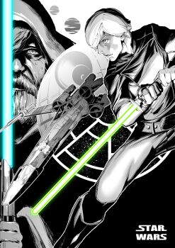 Rule 34 | 1boy, absurdres, age comparison, aged up, aircraft, animification, beard, belt, copyright name, copyright request, death star, energy sword, facial hair, fighting stance, greyscale, highres, holding, holding weapon, hood, hood up, lightsaber, long sleeves, luke skywalker, male focus, monochrome, multiple views, pants, parted lips, profile, rx hts, spot color, star wars, star wars: return of the jedi, star wars: the force awakens, star wars: the last jedi, sword, weapon, x-wing