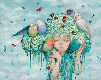 1girl bird breasts bug camilla_d&#039;errico closed_eyes cloud cloudy_sky commentary dripping eyelashes feathers insect keyhole_lips ladybug lips liquid_hair melting nose nude original sky small_breasts solo surreal thick_lips upper_body